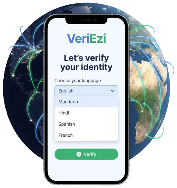 VeriEzi verification on a phone with the language selector open — English, Mandarin, Hindi, Spanish, French