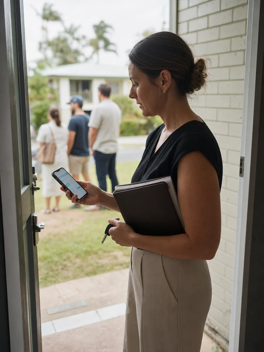 A real estate agent at an open home sending a verification link from her phone while buyers wait outside